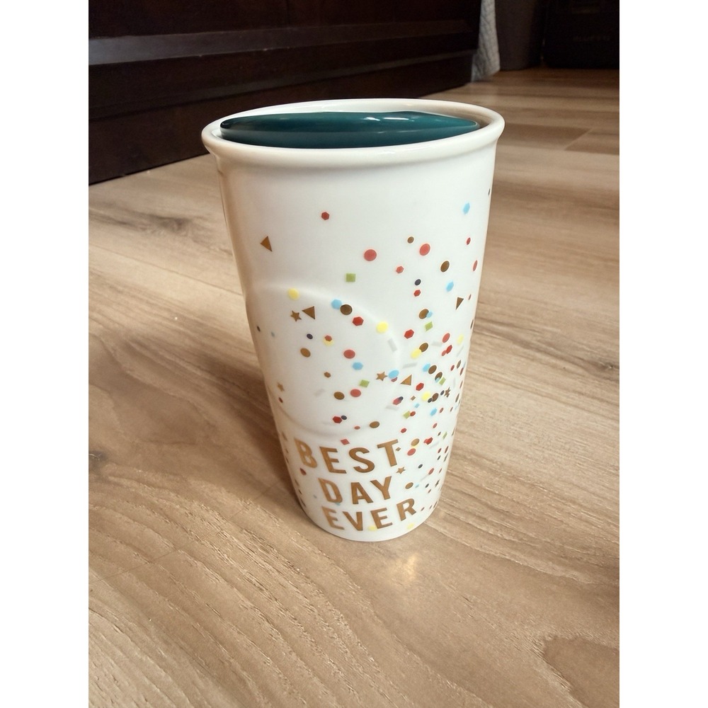Starbucks Best Day Ever Travel Ceramic Cup 10 Oz, Teal Lid, 2015 Model